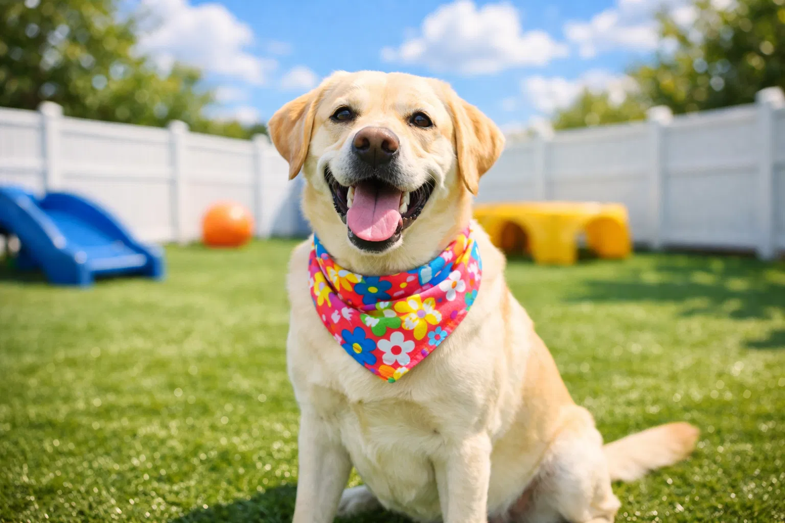 Happy dog relaxing in a luxury boarding suite